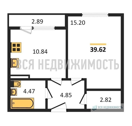 1-комнатная квартира, 39.62кв.м - изображение