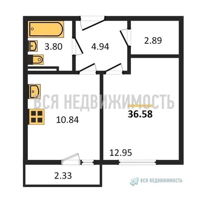 1-комнатная квартира, 36.58кв.м - изображение