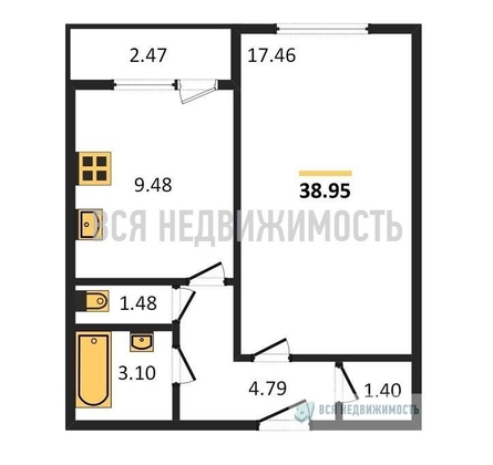 1-комнатная квартира, 38.95кв.м - изображение