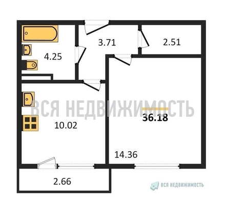 1-комнатная квартира, 36.18кв.м - изображение