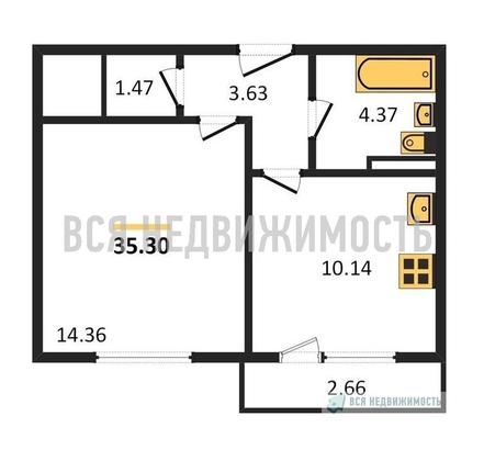 1-комнатная квартира, 35.3кв.м - изображение