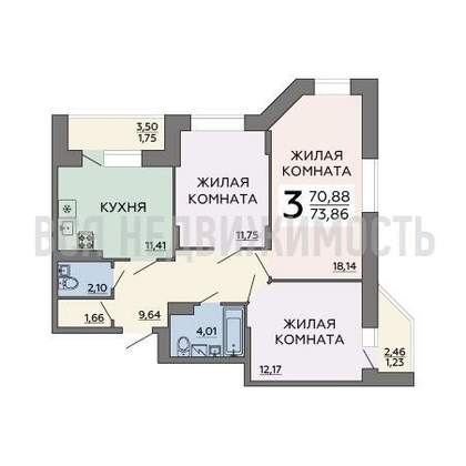 3-комнатная квартира, 73.95кв.м - изображение