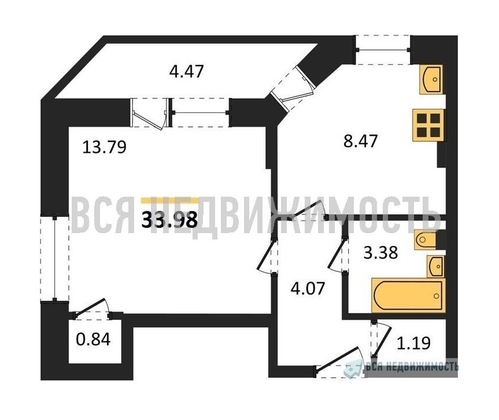 1-комнатная квартира, 33.98кв.м - изображение