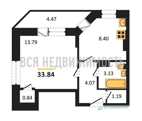 1-комнатная квартира, 33.84кв.м - изображение