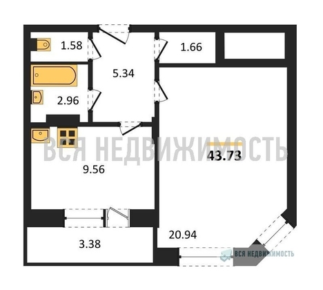 1-комнатная квартира, 43.73кв.м - изображение