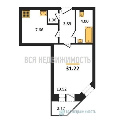 1-комнатная квартира, 31.22кв.м - изображение