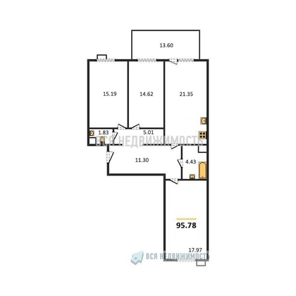3-комнатная квартира, 95.78кв.м - изображение