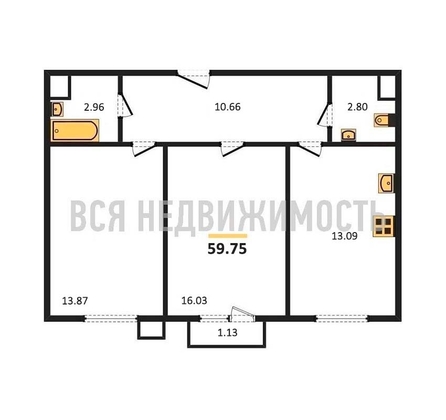 2-комнатная квартира, 59.75кв.м - изображение