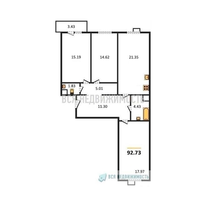 3-комнатная квартира, 92.73кв.м 3-комнатная квартира, 92.73кв.м - изображение