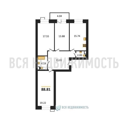 3-комнатная квартира, 88.81кв.м - изображение