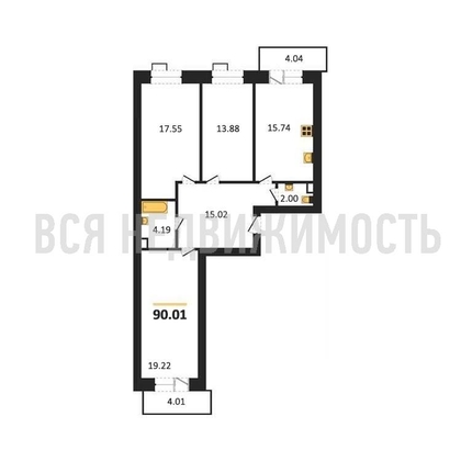 3-комнатная квартира, 90.01кв.м - изображение