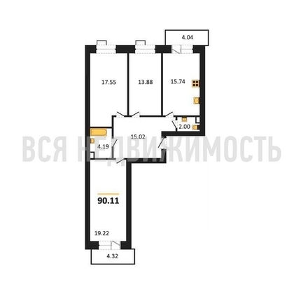 3-комнатная квартира, 90.11кв.м - изображение