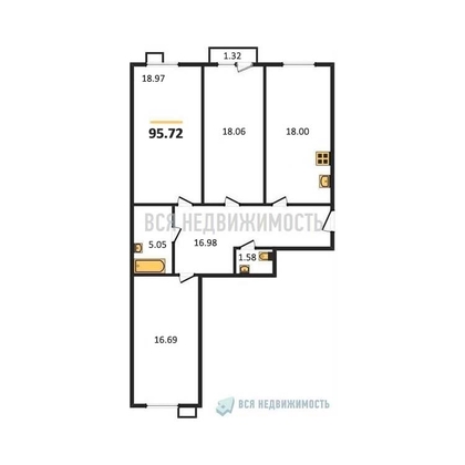 3-комнатная квартира, 95.72кв.м - изображение