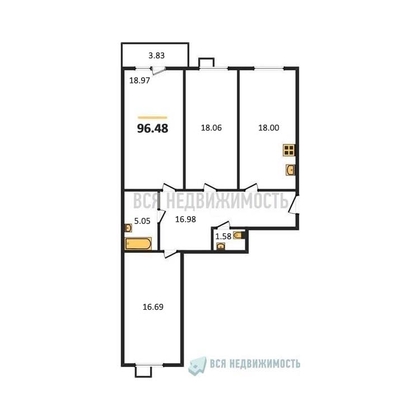 3-комнатная квартира, 96.48кв.м - изображение