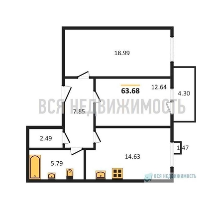 2-комнатная квартира, 63.68кв.м - изображение