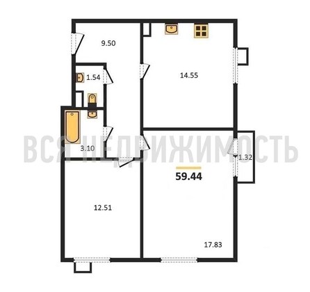 2-комнатная квартира, 59.44кв.м - изображение
