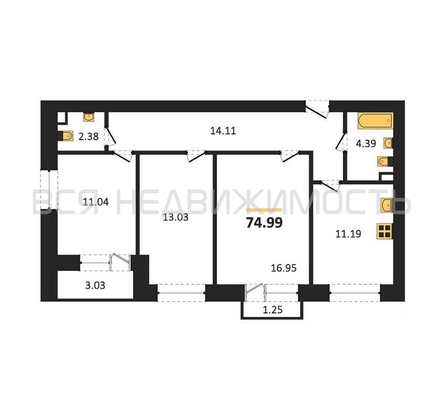 3-комнатная квартира, 74.99кв.м - изображение