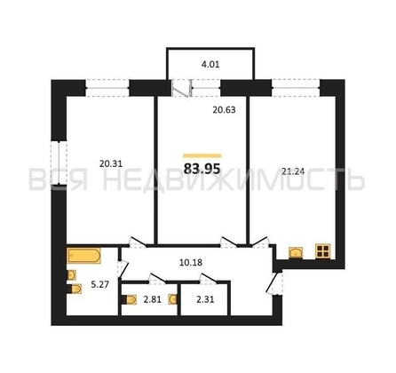 2-комнатная квартира, 83.95кв.м - изображение