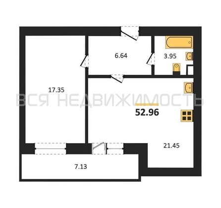 1-комнатная квартира, 52.96кв.м - изображение