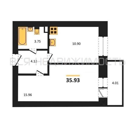 1-комнатная квартира, 35.93кв.м - изображение