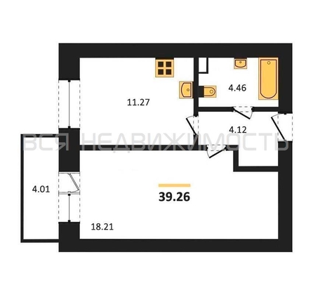 1-комнатная квартира, 39.26кв.м - изображение