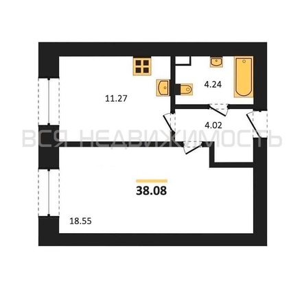 1-комнатная квартира, 38.08кв.м - изображение