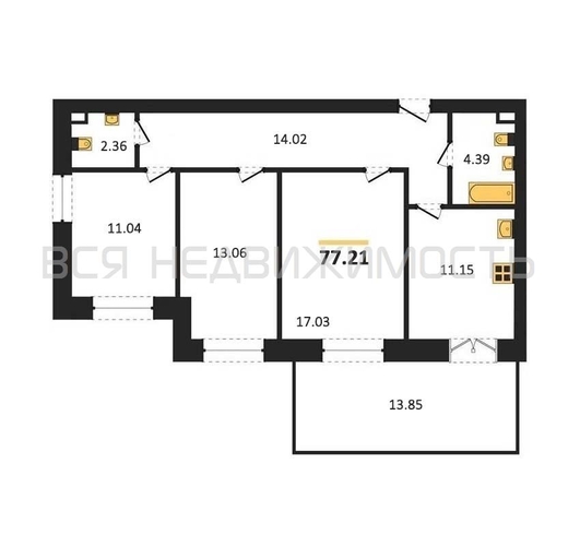 3-комнатная квартира, 77.21кв.м - изображение 0