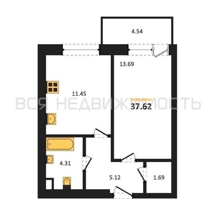 1-комнатная квартира, 37.62кв.м - изображение