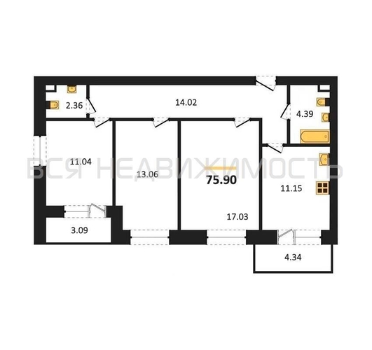 3-комнатная квартира, 75.9кв.м - изображение 0