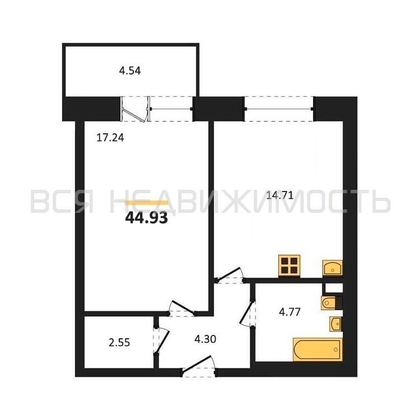 1-комнатная квартира, 44.93кв.м - изображение