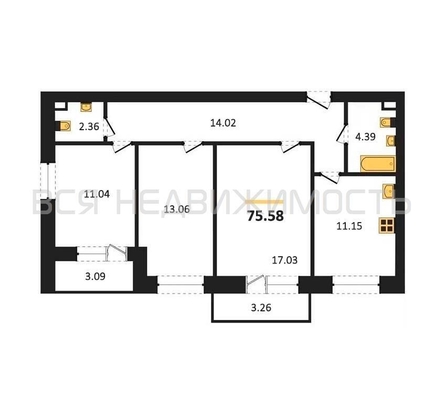 3-комнатная квартира, 75.58кв.м - изображение