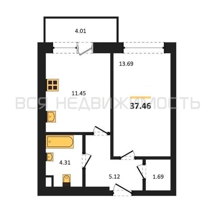 1-комнатная квартира, 37.46кв.м - изображение