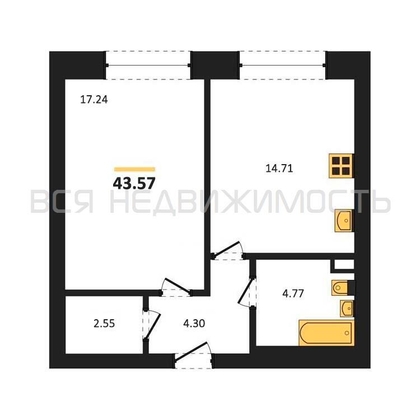 1-комнатная квартира, 43.57кв.м - изображение