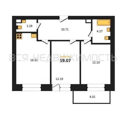 2-комнатная квартира, 59.07кв.м - изображение