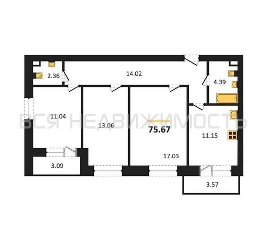 3-комнатная квартира, 75.67кв.м - изображение 0