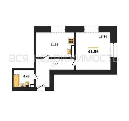1-комнатная квартира, 41.56кв.м - изображение