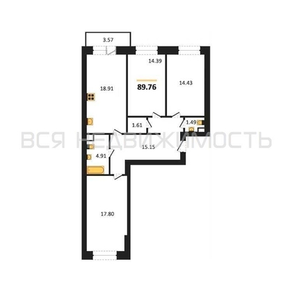 3-комнатная квартира, 89.76кв.м - изображение