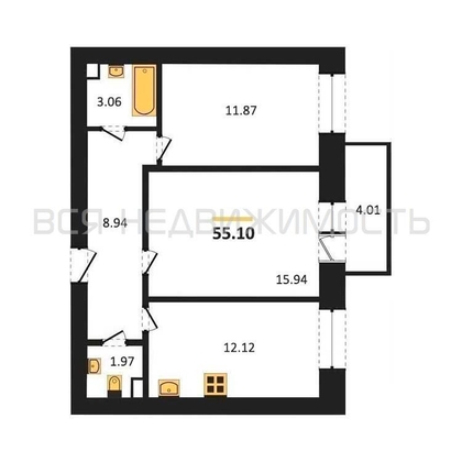 2-комнатная квартира, 55.1кв.м - изображение