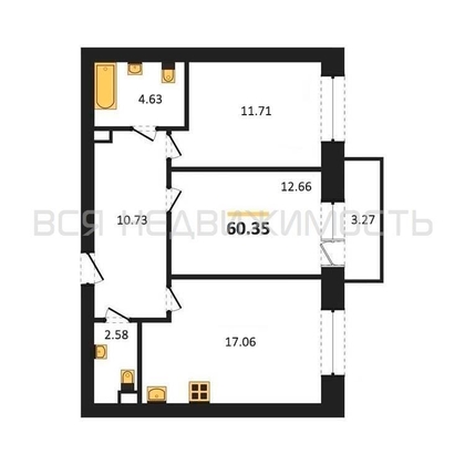 2-комнатная квартира, 60.35кв.м - изображение
