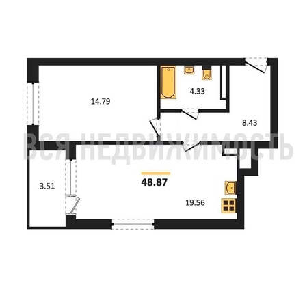 1-комнатная квартира, 48.87кв.м - изображение