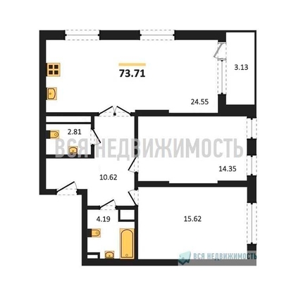 2-комнатная квартира, 73.71кв.м - изображение