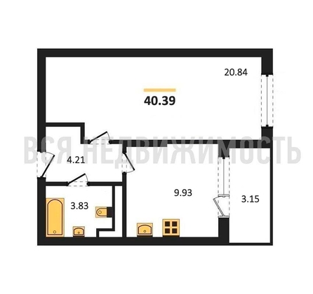 1-комнатная квартира, 40.39кв.м - изображение