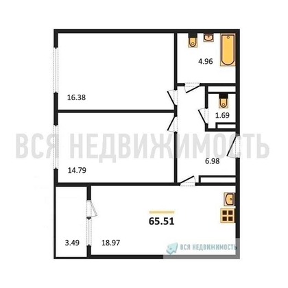2-комнатная квартира, 65.51кв.м - изображение