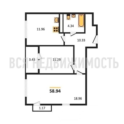 2-комнатная квартира, 58.94кв.м - изображение