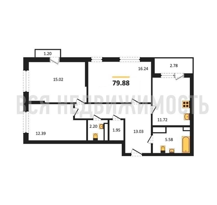 3-комнатная квартира, 79.88кв.м - изображение