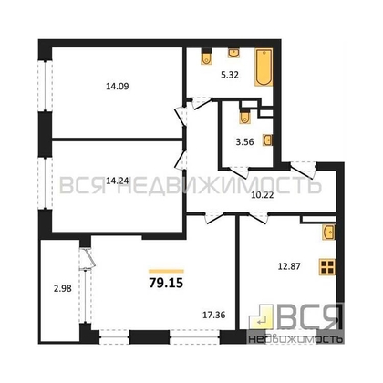 3-комнатная квартира, 79.15кв.м - изображение