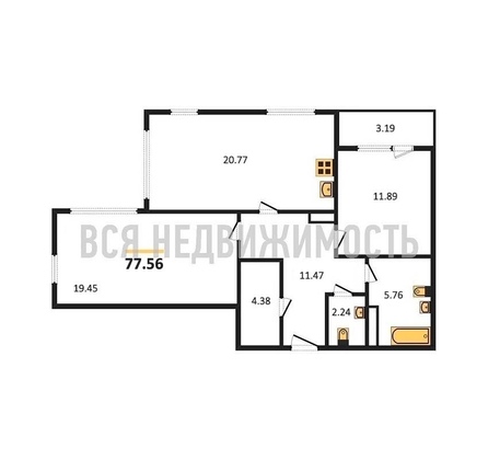 2-комнатная квартира, 77.56кв.м - изображение