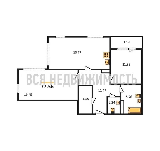 2-комнатная квартира, 77.56кв.м - изображение 0