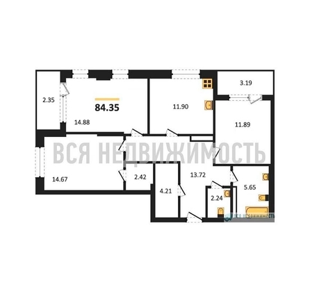 3-комнатная квартира, 84.35кв.м - изображение