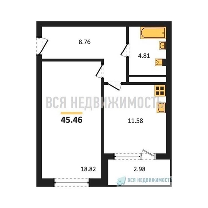 1-комнатная квартира, 45.46кв.м - изображение